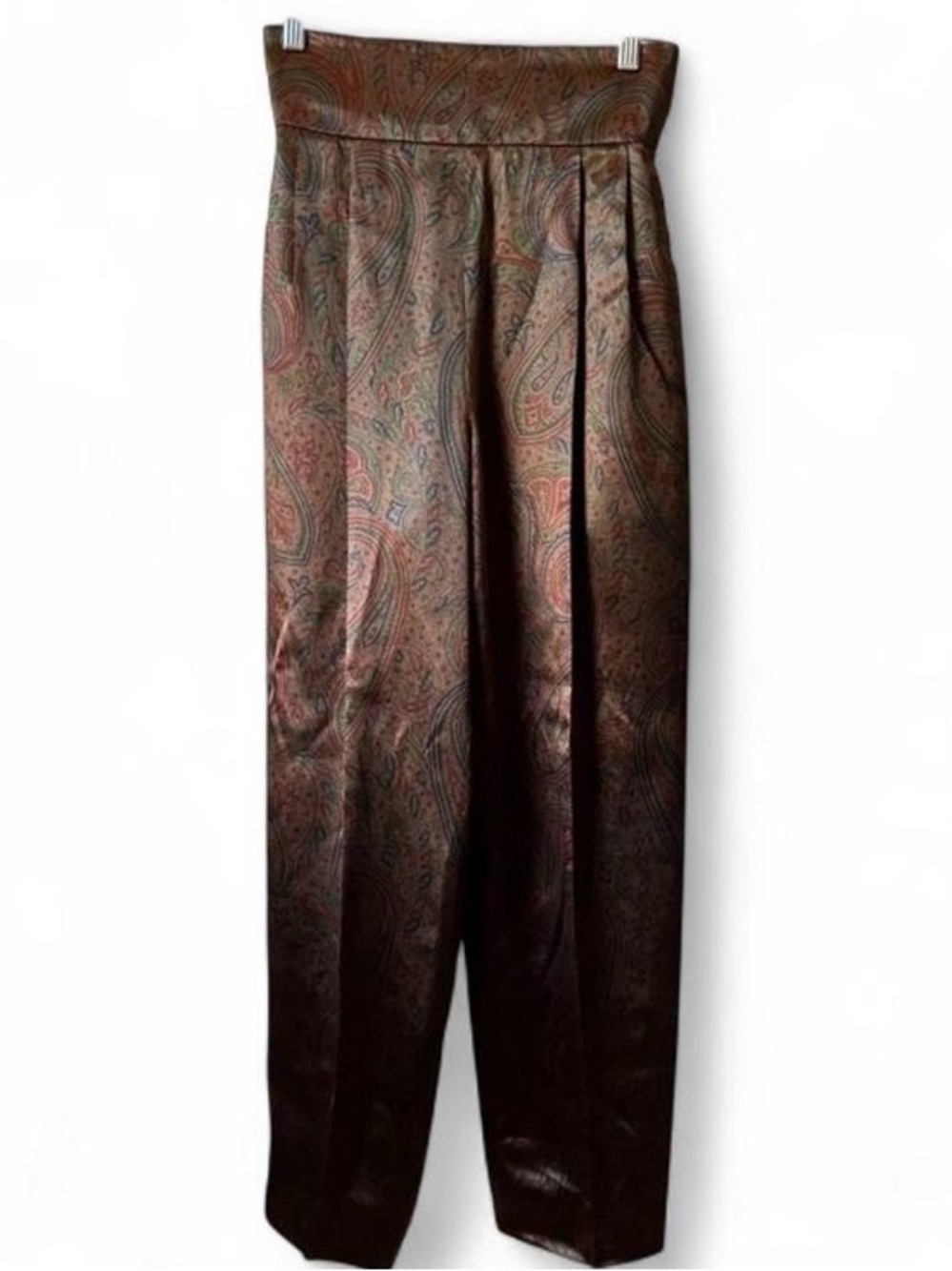 Perry Ellis Vintage Brown Paisley High Waisted Ladies Cropped Silk Trousers - Picture 2 of 11